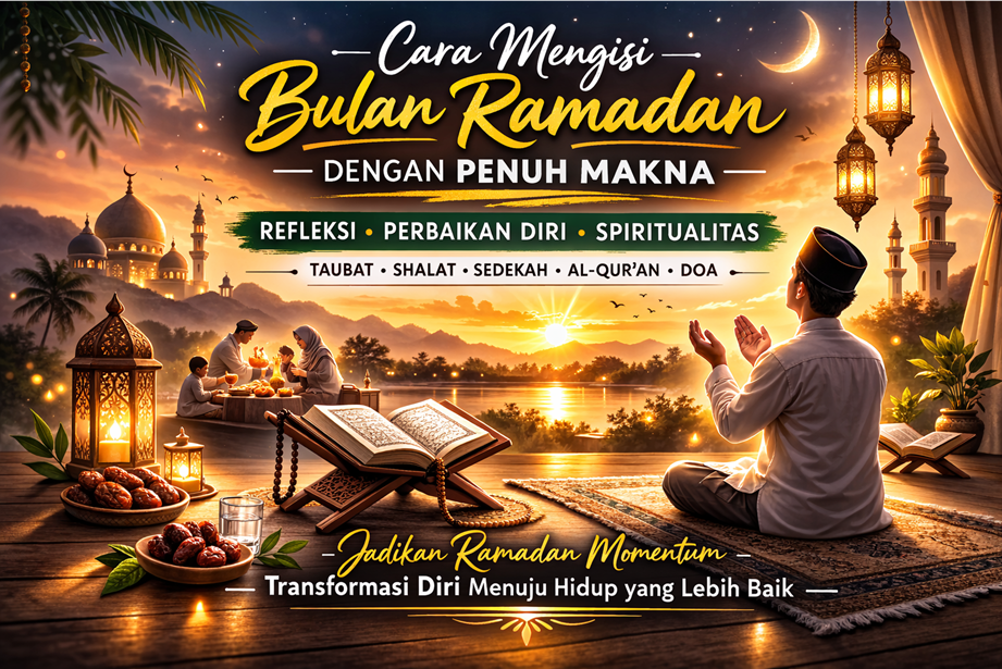 Ilustrasi cara mengisi bulan Ramadan dengan penuh makna melalui taubat, salat, sedekah, membaca Al-Qur’an, dan doa