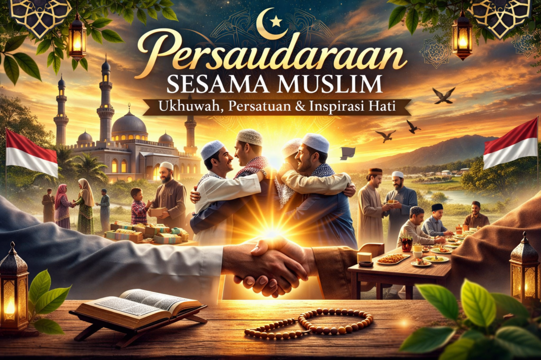 Ilustrasi persaudaraan sesama Muslim yang menggambarkan ukhuwah islamiyah, persatuan, dan kebersamaan umat dalam semangat menguatkan hati dan menyatukan langkah.