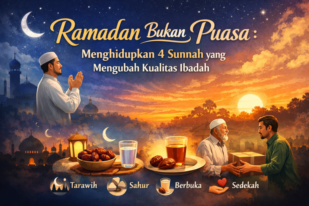 Ilustrasi sunnah Ramadan: salat tarawih, mengakhirkan sahur, menyegerakan berbuka, dan sedekah di bulan Ramadan