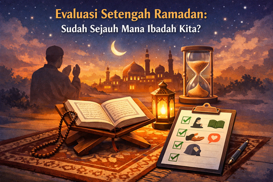 Evaluasi setengah Ramadan untuk refleksi ibadah seperti sholat, tilawah Al-Qur'an, sedekah dan muhasabah diri