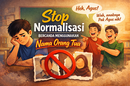Ilustrasi stop normalisasi bercanda menggunakan nama orang tua di sekolah sebagai refleksi etika dan penghargaan identitas diri