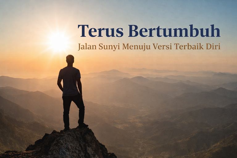 Ilustrasi motivasi terus bertumbuh dan pengembangan diri dengan siluet pria di puncak gunung saat matahari terbit