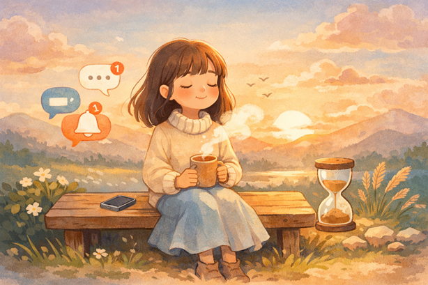 ilustrasi gadis lucu pastel sedang duduk tenang menikmati waktu sendiri sebagai simbol tidak reaktif dan memberi jeda sebelum merespon