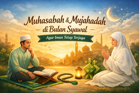 Ilustrasi muhasabah dan mujahadah di bulan Syawal dengan suasana refleksi diri setelah shalat