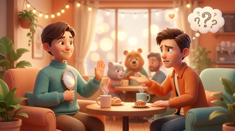 Ilustrasi dua teman di kafe; satu memegang cermin refleksi diri dan memasang batasan, satu lagi defensif dan mencari validasi