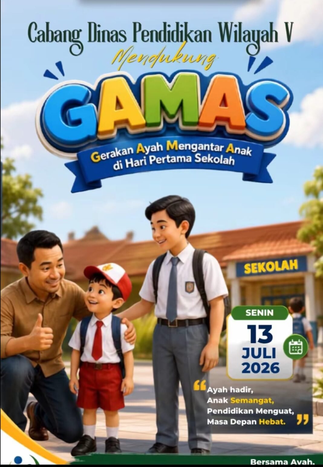 Refleksi bayangan seorang ayah yang memegang tangan anaknya di depan sekolah sebagai bentuk mengatasi krisis keterlibatan ayah.